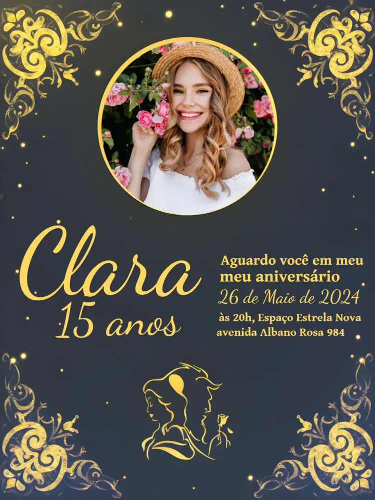 Convite Bela E A Fera Com Foto Dourado – tema 15 anos dourado, azul, rosa, fadas, romântico, clássico