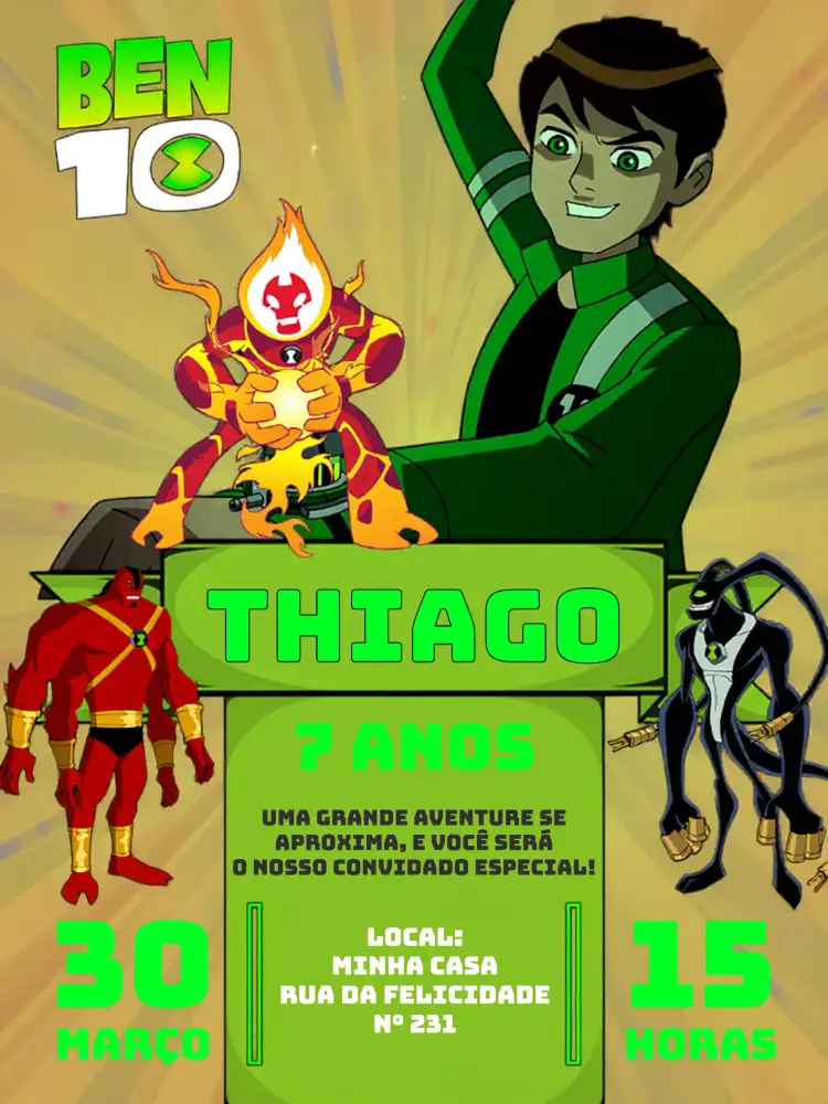Convite Ben 10 Alienígena – tema Aniversário Infantil verde, estilo animado, futurista, aventura, colorido