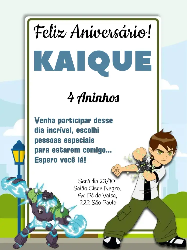 Convite Ben 10 Azul – tema Aniversário Infantil azul vibrante, verde divertido, estilo cartoon, monstros coloridos, festa temática, infantil