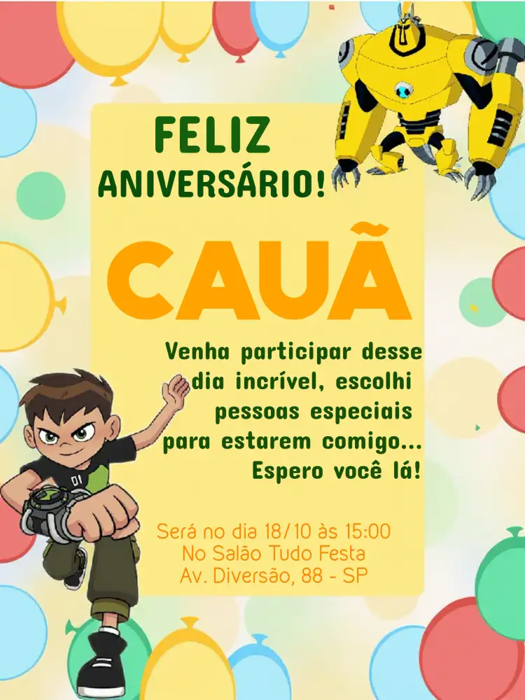 Convite Ben 10 Benjamin – tema Aniversário Infantil amarelo, aventura, monstros, divertido, colorido