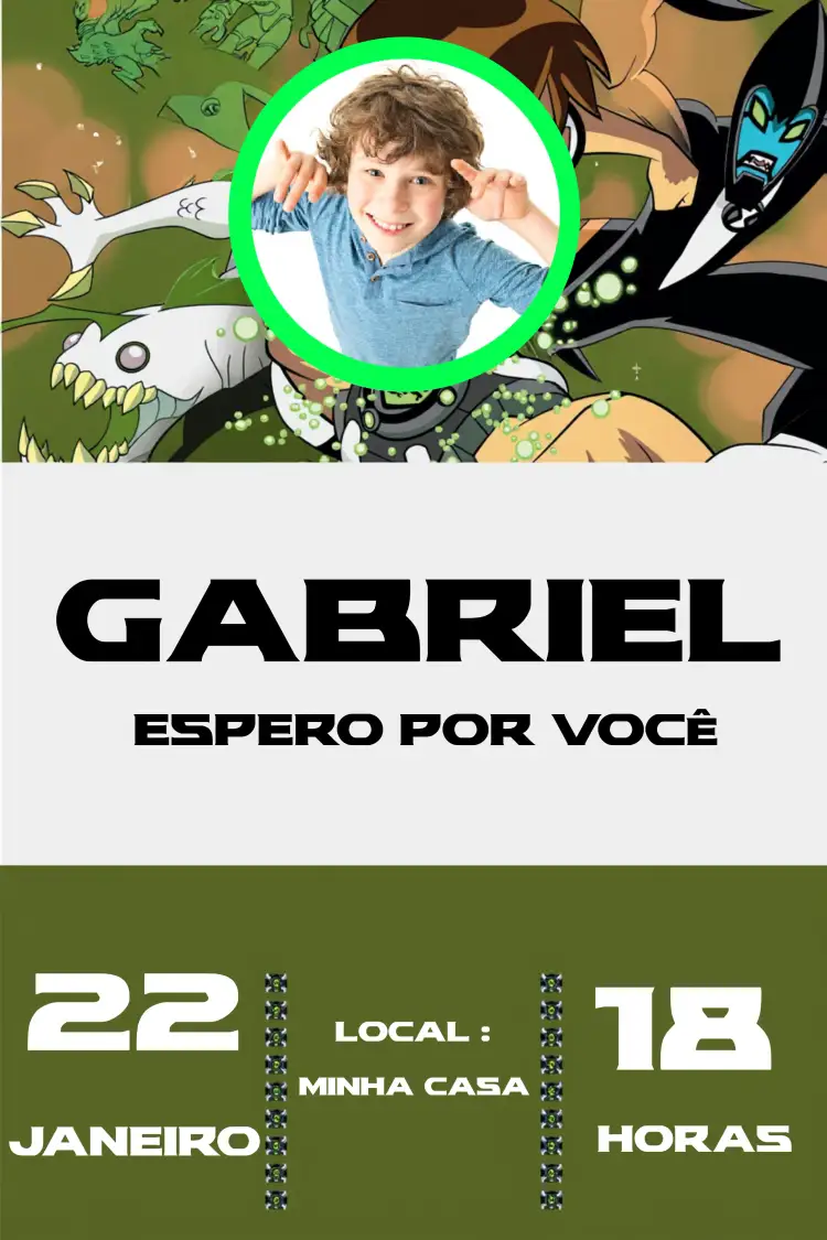 Convite Ben 10 Com Foto Animais – tema Aniversário Infantil colorido, cartoon, animais, divertido, moderno, infantil