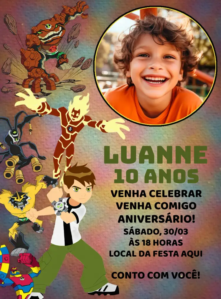 Convite Ben 10 Com Foto Desenho – tema Aniversário Infantil colorido, divertido, temático, animado, jovial