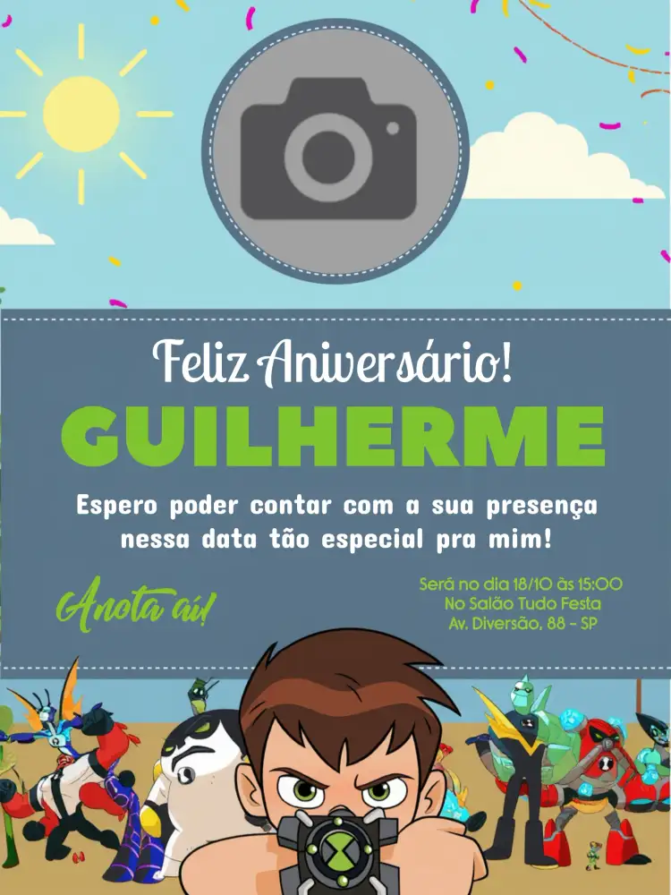 Convite Ben 10 Com Foto Menino – tema Aniversário Infantil temática Ben 10, colorido, divertido, moderno, infantil, dinâmico