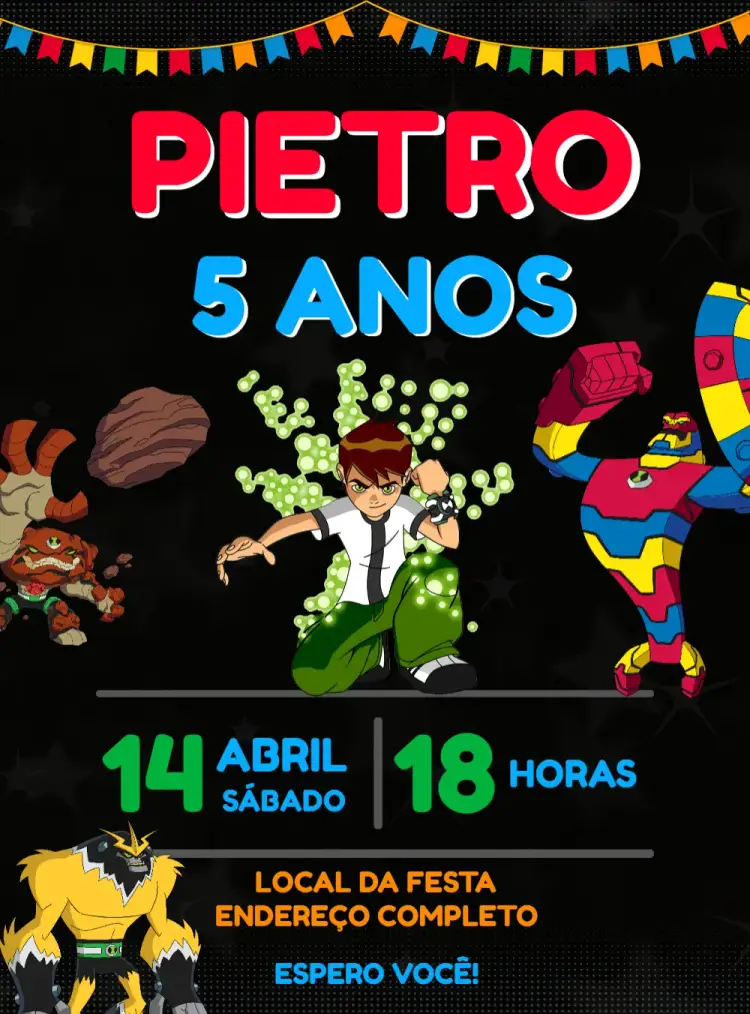 Convite Ben 10 Infantil – tema Aniversário Infantil colorido, temático, divertido, aventura, cartoon