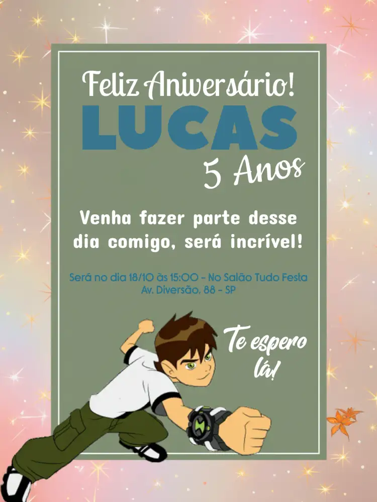 Convite Ben 10 Infantil – tema Aniversário Infantil cores vibrantes, estilo divertido, elementos gráficos do desenho, design intergaláctico, temática de aventura, estilo moderno