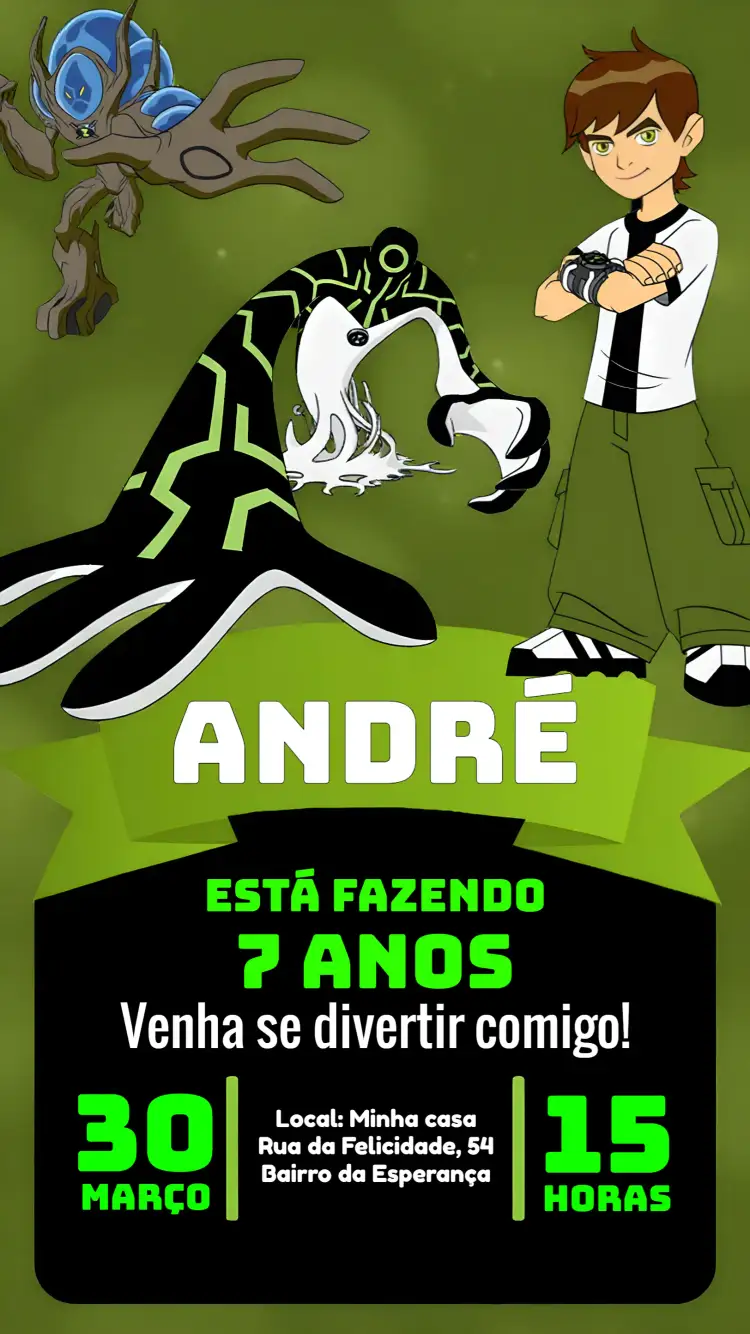 Convite Ben 10 Infantil – tema Aniversário Infantil verde, preto, desenho animado, aventura, moderno