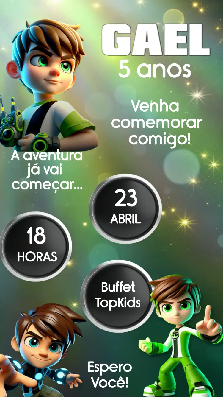 Convite Ben 10 Infantil – tema Aniversário Infantil aventura, verde, super-herói, diversão, infantil, colorido