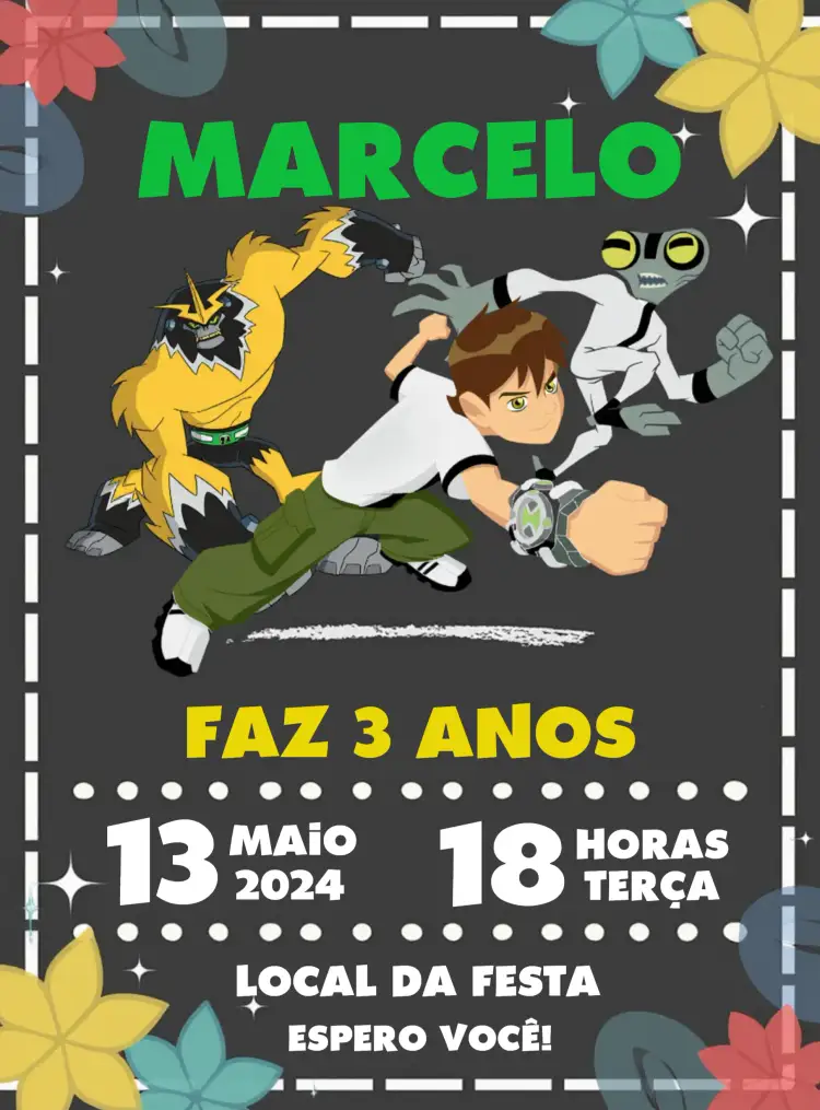 Convite Ben 10 Omnitrix – tema Aniversário Infantil cores vibrantes, estilo divertido, elementos de super-herói, gráficos animados, design moderno, inspirado em desenhos animados