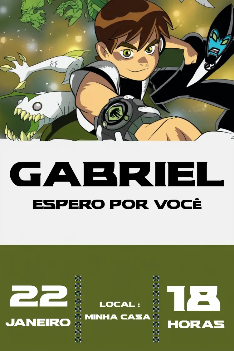 Convite Ben 10 Pessoa – tema Aniversário Infantil colorido, cartoon, aventura, super-herói, divertido, infantil