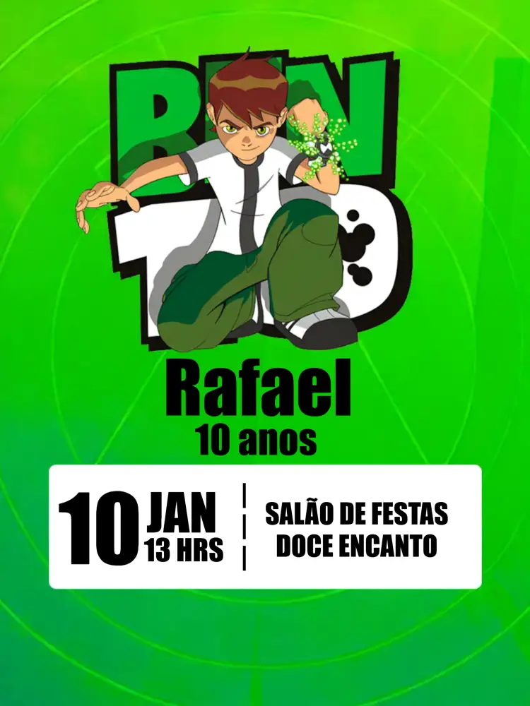 Convite Ben 10 Preto – tema Aniversário Infantil preto, verde, branco, moderno, divertido, temático