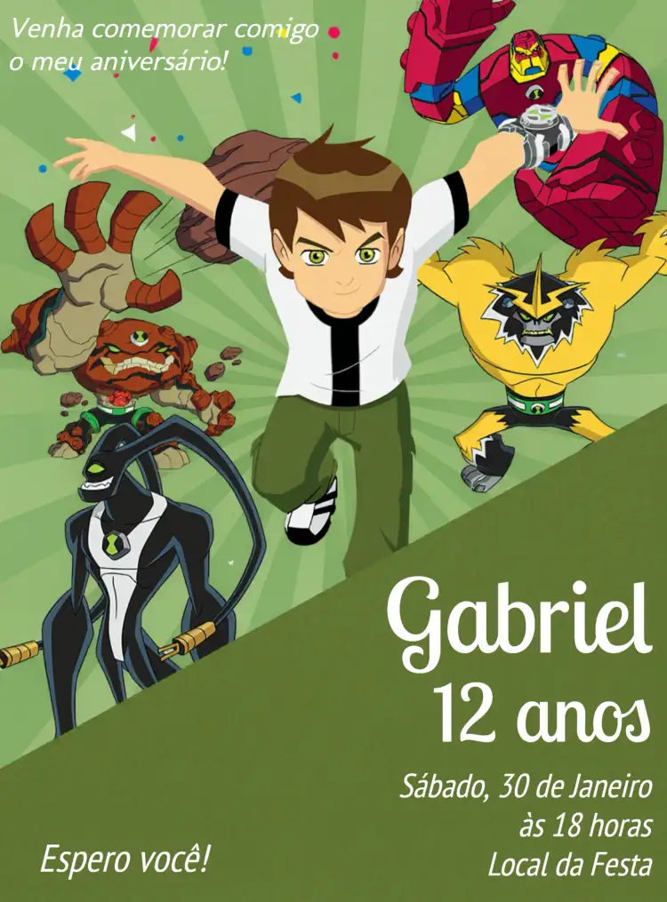 Convite Ben 10 Relogio – tema Aniversário Infantil colorido, moderno, divertido, infantil, animado