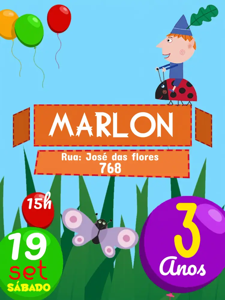 Convite Ben & Holly Meninos – tema Aniversário Infantil lúdico, colorido, natureza, fantasia, infantil