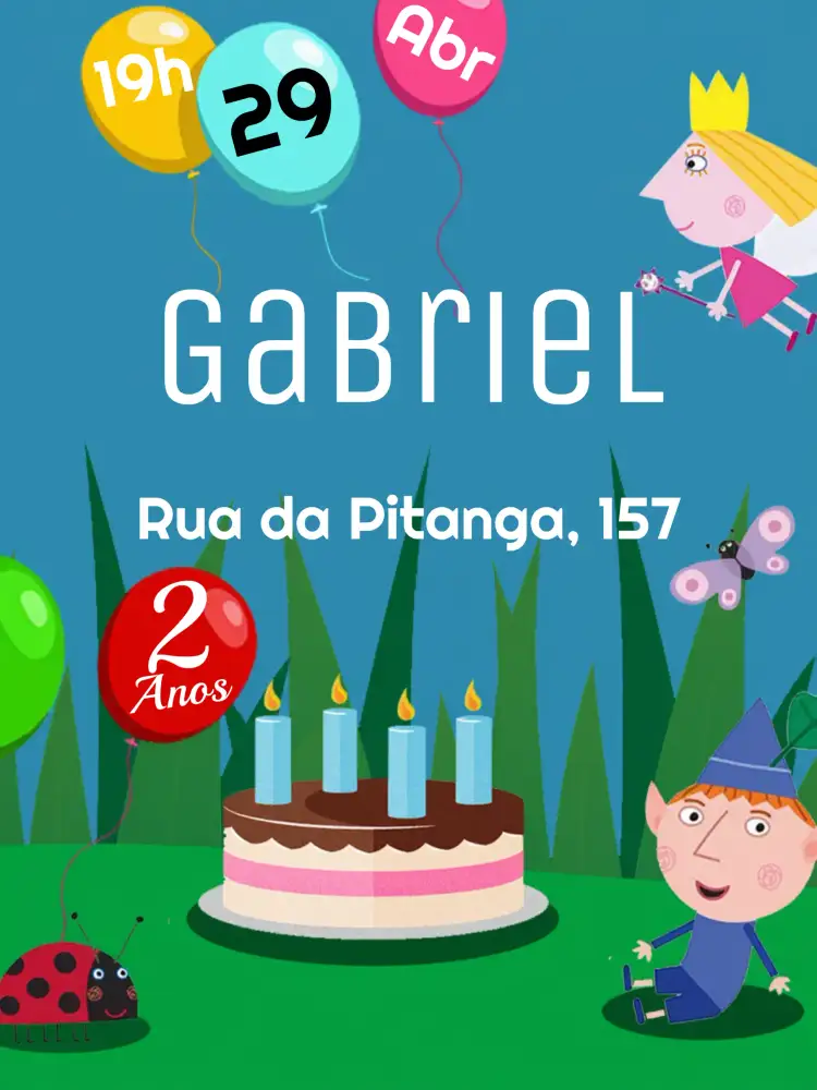 Convite Ben & Holly Príncipes – tema Aniversário Infantil cores vibrantes, elementos da natureza, ilustrações infantis, estilo lúdico, mágico, divertido