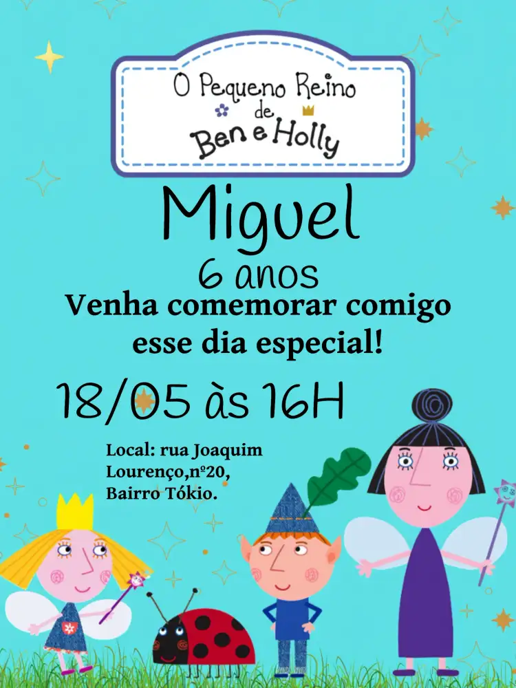 Convite Ben E Holly Amarelo – tema Aniversário Infantil colorido, lúdico, divertido, infantil, mágico, fantasia
