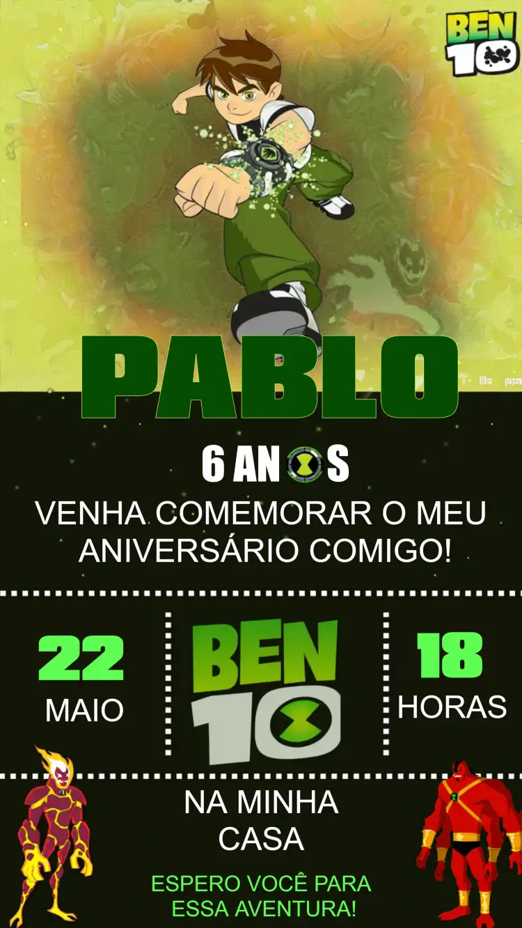 Convite Ben10 Verde – tema Aniversário Infantil verde, preto, moderno, divertido, temático, jovial