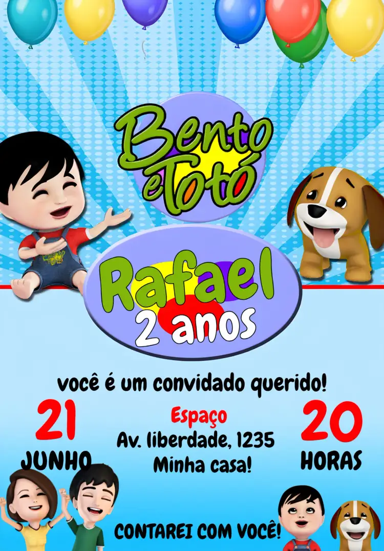 Convite Bento E O Totó Infantil – tema Mais pesquisados colorido, lúdico, infantil, divertido, moderno