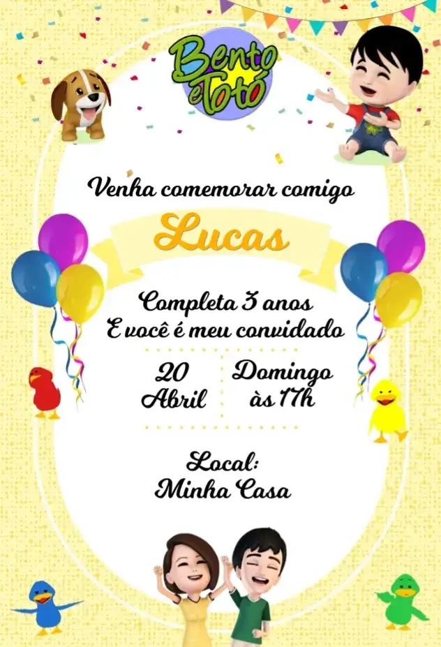 Convite Bento e Toto Amarelo – tema Aniversário Infantil colorido, infantil, divertido, animado, brincalhão, moderno