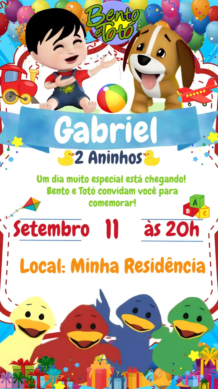 Convite Bento E Totó Animado – tema Mais pesquisados colorido, divertido, animado, infantil, ilustrações fofas