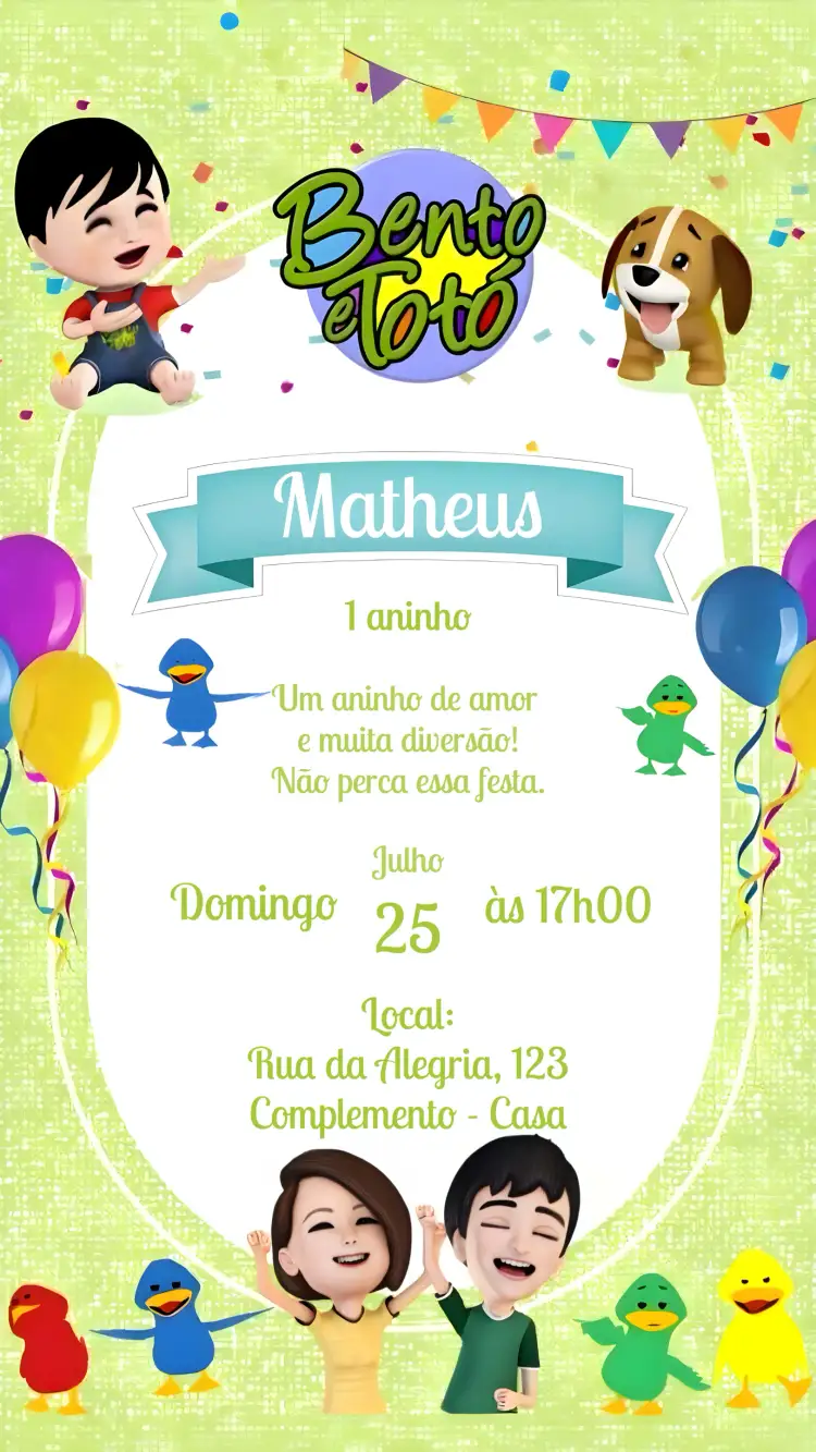 Convite Bento E Totó – tema Aniversário Infantil colorido, divertido, lúdico, infantil, patinhos, festa temática