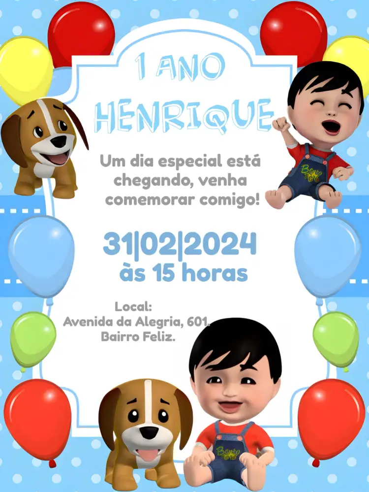 Convite Bento E Totó Balões – tema Mais pesquisados colorido, infantil, divertido, lúdico, festivo, alegre
