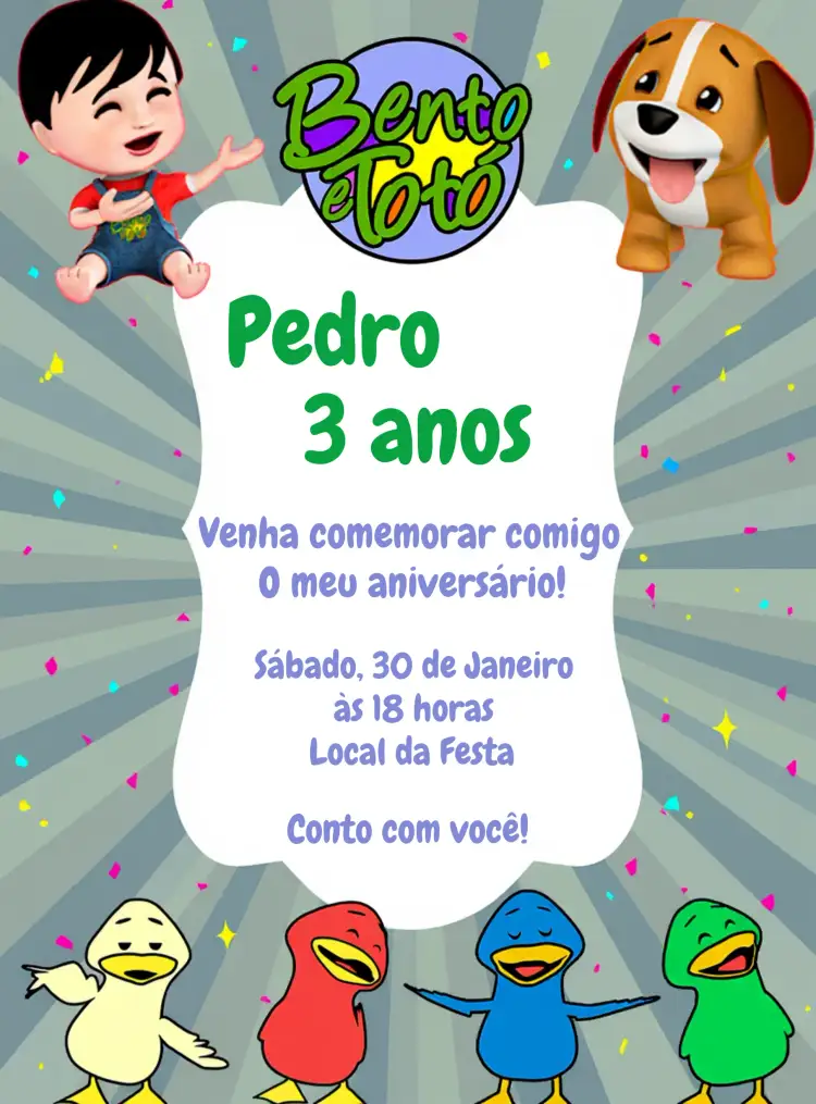 Convite Bento E Totó Infantil – tema Mais pesquisados colorido, divertido, infantil, animais, brincalhão, moderninho
