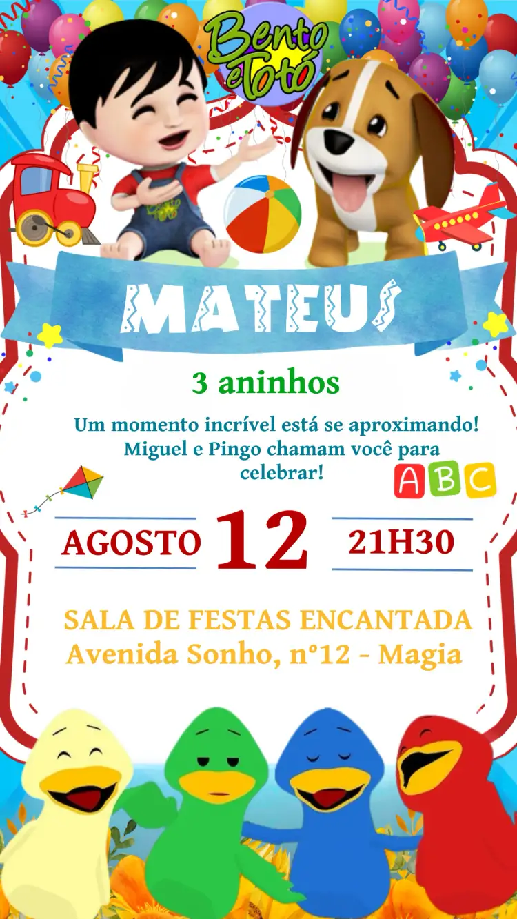 Convite Bento E Totó Colorido – tema Mais pesquisados colorido, infantil, divertido, lúdico, brincalhão