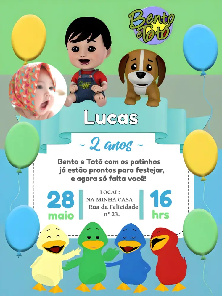 Convite Bento E Totó Os Patinhos Coloridos Com Foto Desenho – tema Mais pesquisados colorido, infantil, animais, divertido, lúdico, ilustração