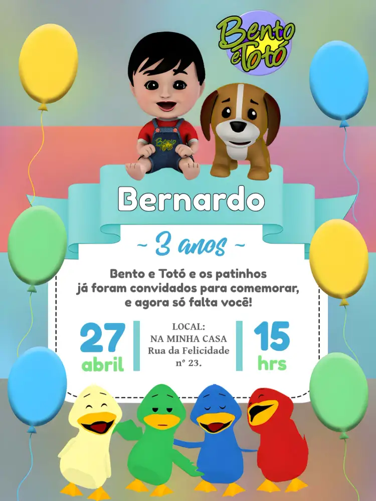 Convite Bento E Totó Os Patinhos Coloridos Infantil – tema Mais pesquisados colorido, infantil, divertido, animais, desenho animado