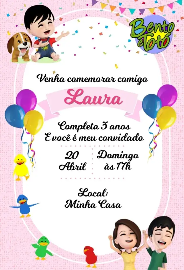 Convite Bento e Totó Rosa – tema Cartão cores vibrantes, ilustrações lúdicas, estilo infantil, tons de rosa, design divertido, elementos gráficos alegres
