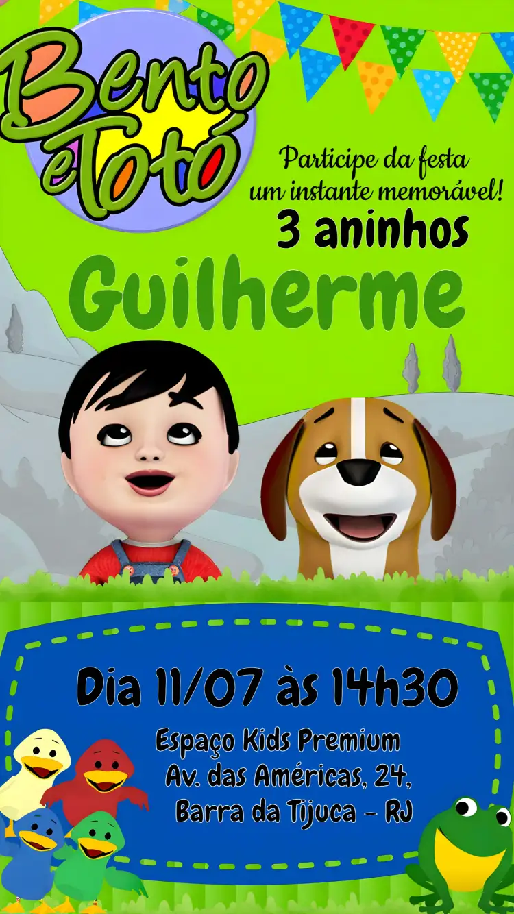 Convite Bento E Totó Verde – tema Mais pesquisados colorido, lúdico, moderno, divertido, temático, alegre