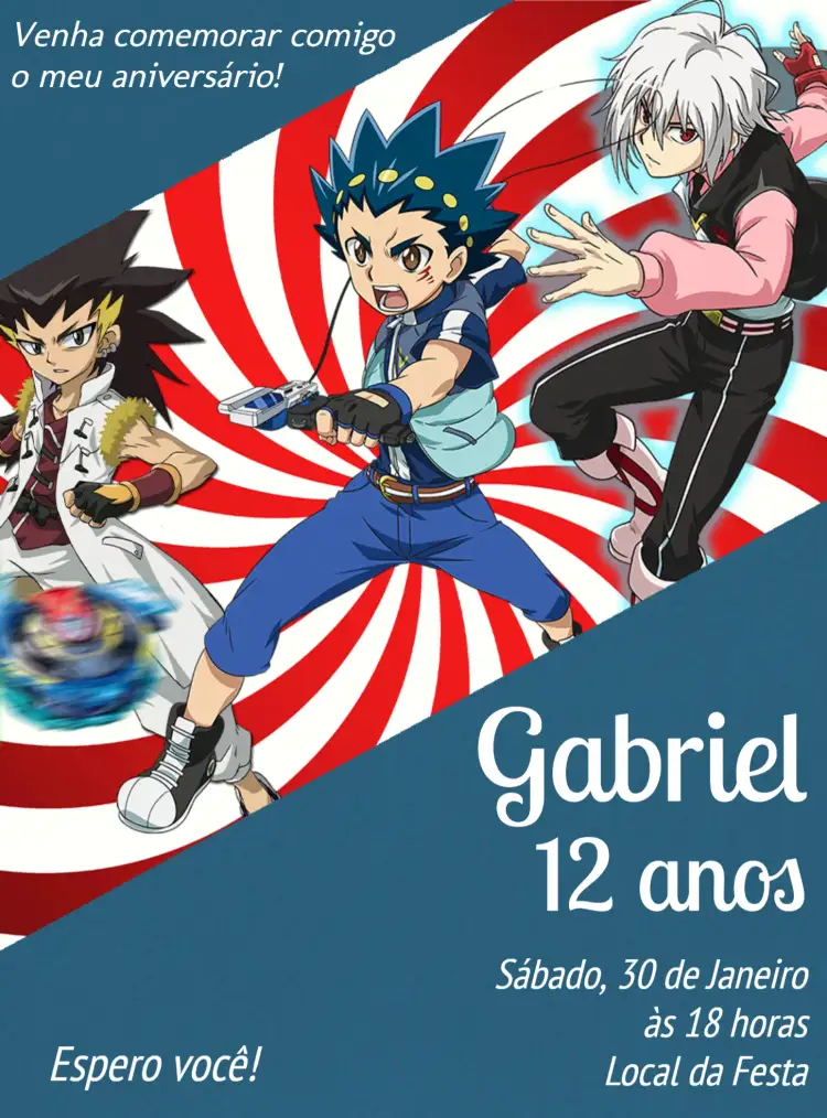 Convite Beyblade Anime – tema Aniversário Infantil moderno, colorido, divertido, anime, jovial