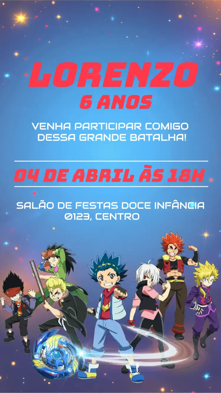 Convite Beyblade Burst Arte – tema Aniversário Infantil azul, temática de Beyblade, divertido, moderno, dinâmico