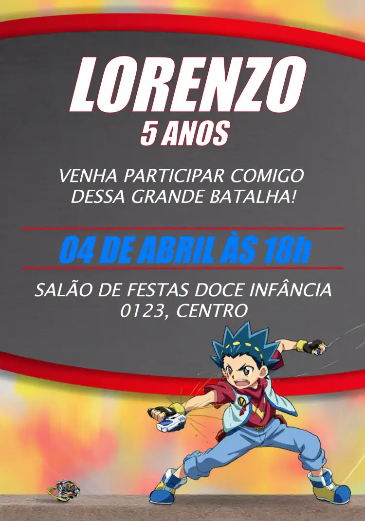 Convite Beyblade Infantil – tema Aniversário Infantil colorido, divertido, moderno, temático, dinâmico