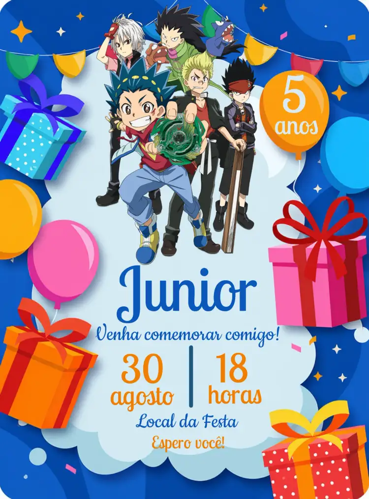 Convite Beyblade Laranja – tema Aniversário Infantil laranja vibrante, estilo divertido, elementos gráficos de batalha, estilo cartoon, design colorido, tema de jogo