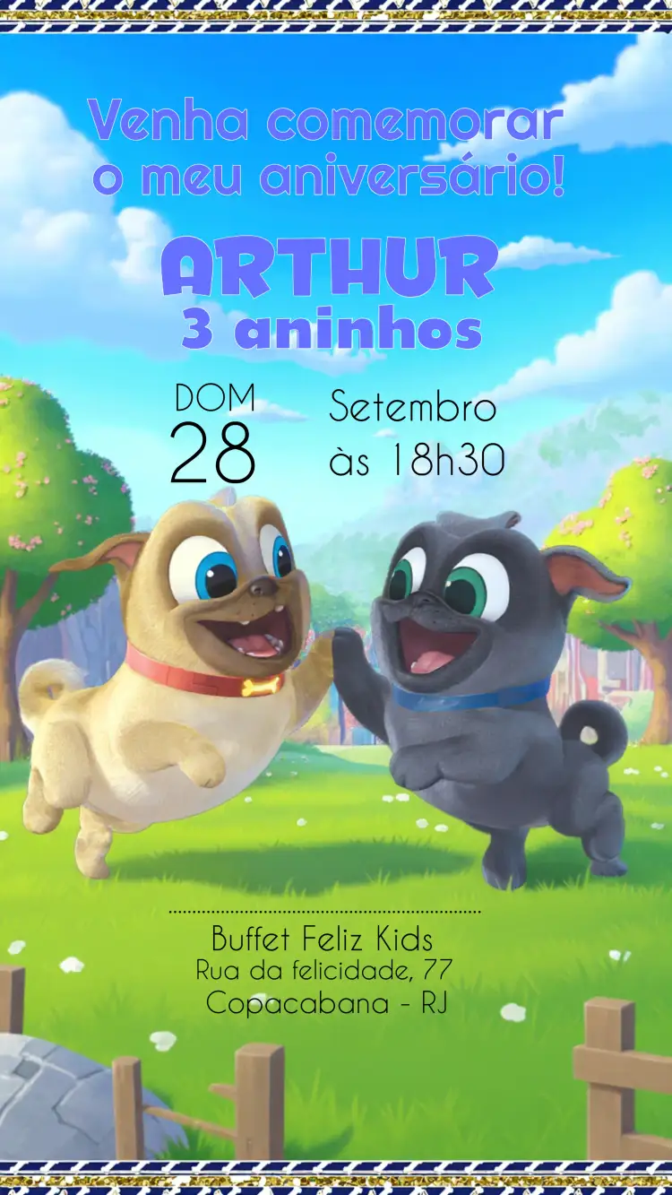 Convite Bingo E Rolly Puppy Dog Pals Azul – tema Mais pesquisados azul, divertido, infantil, colorido, animais, aventura
