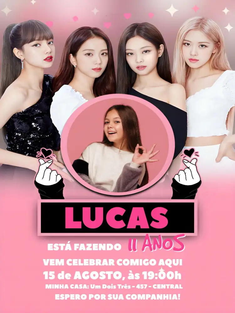 Convite Blackpink Com Foto Branco – tema Mais pesquisados moderno, elegante, Kpop, preto e rosa, minimalista, temático