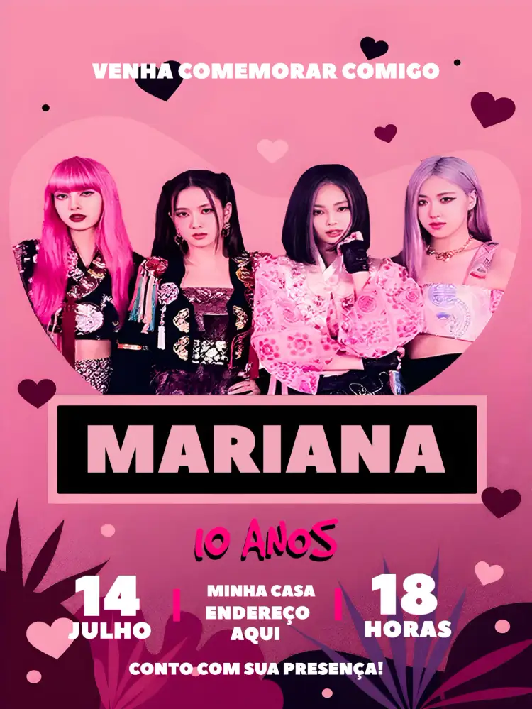 Convite Blackpink Kpop – tema Mais pesquisados preto e rosa, Kpop, moderno, divertido, estilizado, temático