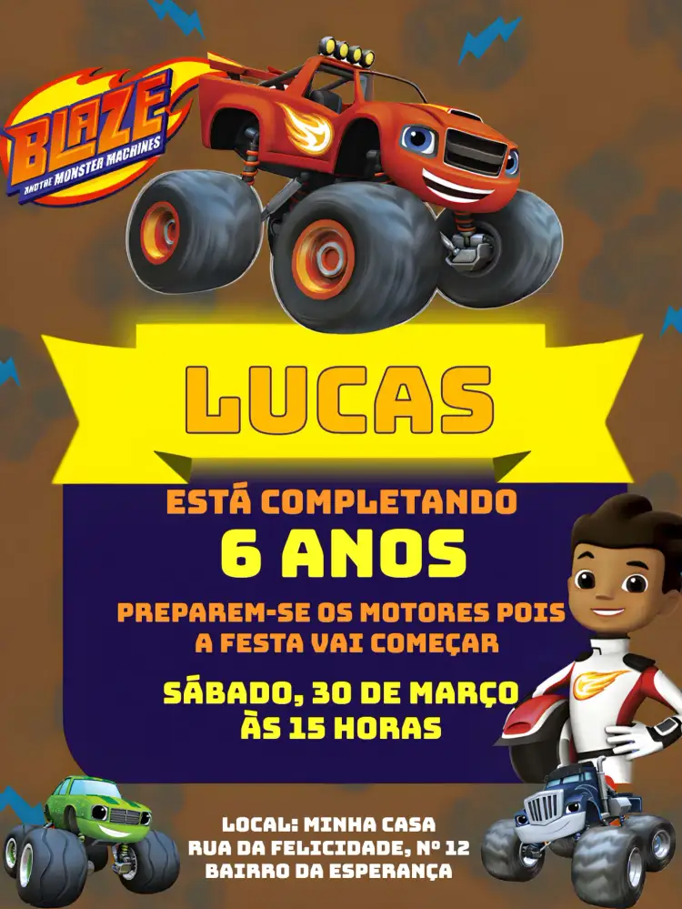 Convite Blaze E As Máquinas Monstruosas Carro – tema Mais pesquisados azul, divertido, animado, infantil, colorido
