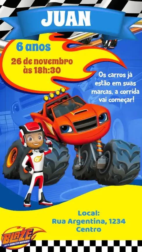 Invitación Blaze y los Monster Machines – tema Cumpleaños Infantil colores vibrantes, estilo lúdico, ilustraciones de monstruos, pista de carreras, diseño infantil, elementos gráficos divertidos