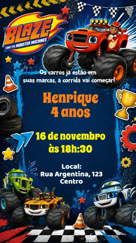 Invitación Blaze y los Monster Machines – tema Cumpleaños Infantil colorido, divertido, temático, moderno, infantil