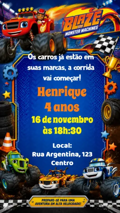 Invitación Blaze y los Monster Machines – tema Cumpleaños Infantil colorido, divertido, temática de coches, infantil, animado, vibrante