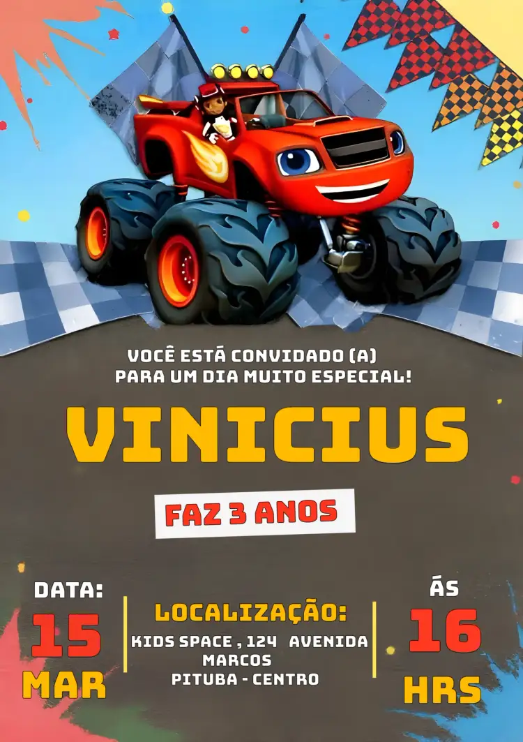 Convite Blaze Monster Machines Festa – tema Mais pesquisados colorido, divertido, temático, infantil, moderno