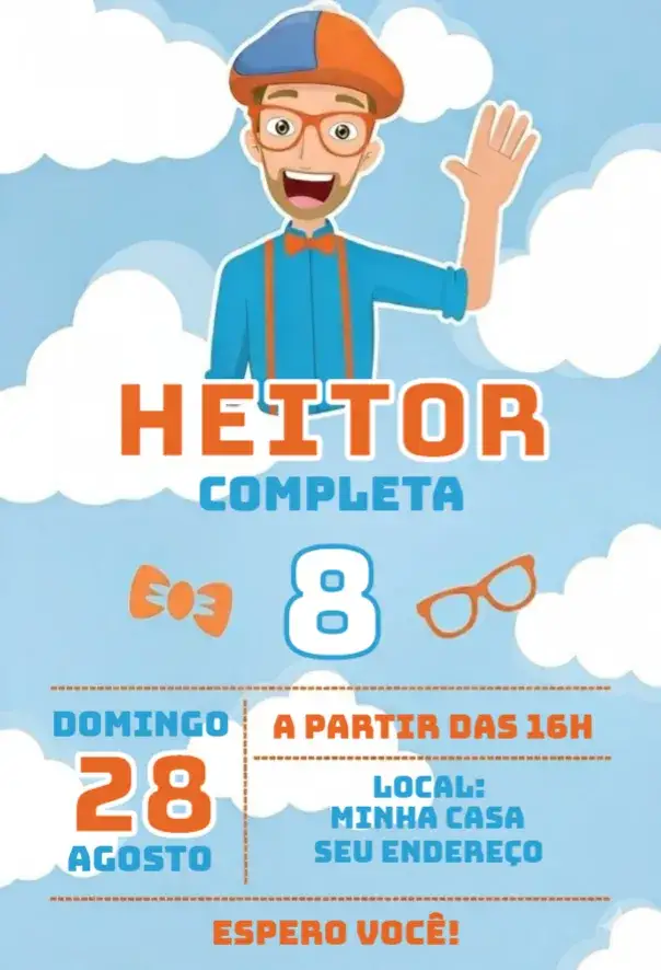 Convite Blippi 1 – tema Aniversário colorido, lúdico, moderno, divertido, infantil, temático