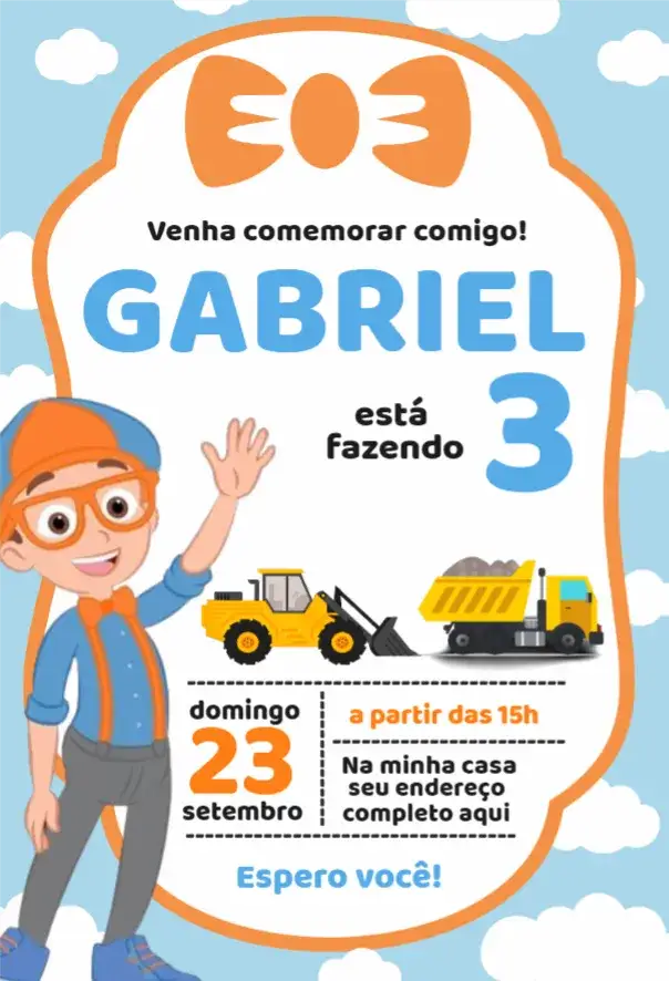 Convite Blippi 2 – tema Aniversário colorido, divertido, infantil, temático, lúdico, alegre