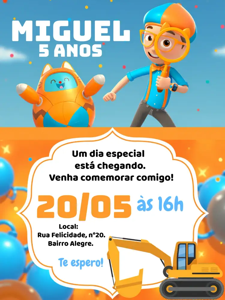 Convite Blippi Azul – tema Mais pesquisados colorido, infantil, temático, divertido, moderno