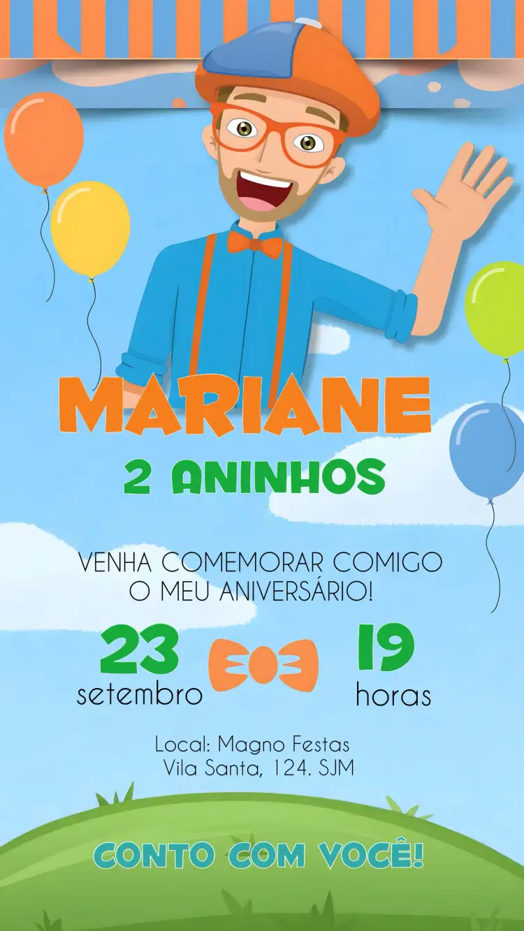 Convite Blippi Colorido – tema Mais pesquisados colorido, divertido, infantil, temático, vibrante