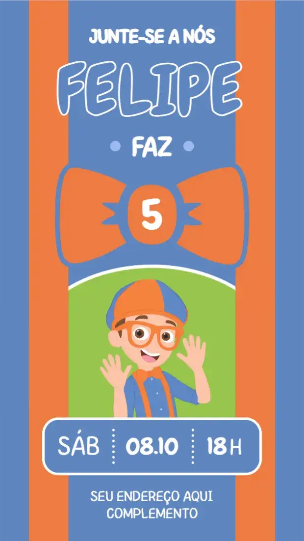 Convite Blippi – tema Aniversário Infantil infantil, desenho animado