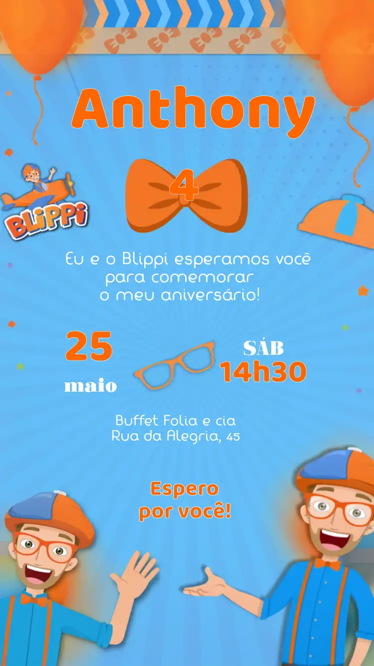 Convite Blippi Infantil – tema Mais pesquisados colorido, divertido, infantil, brincalhão, temático, vibrante