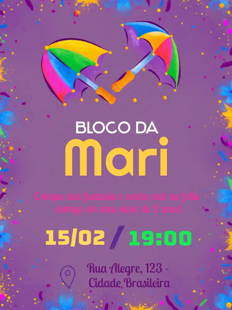 Convite Bloco De Carnaval Baile – tema Datas Comemorativas colorido, festivo, brincalhão, tropical, divertido