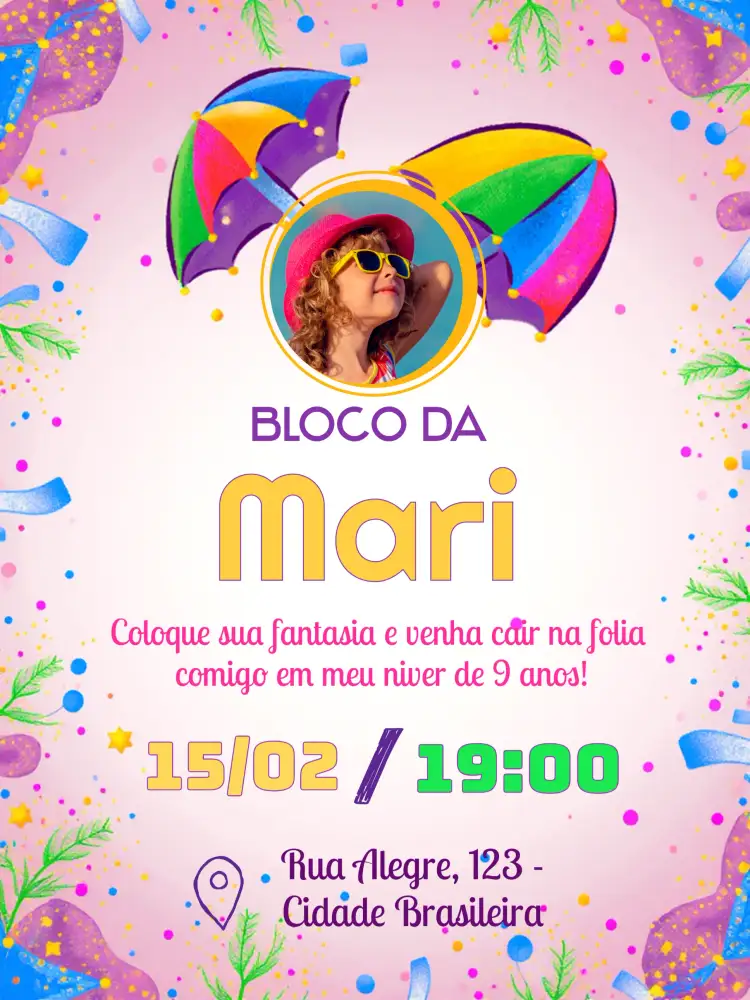 Convite Bloco De Carnaval Com Foto Bloquinho – tema Datas Comemorativas colorido, alegre, infantil, festivo, divertido, tropical
